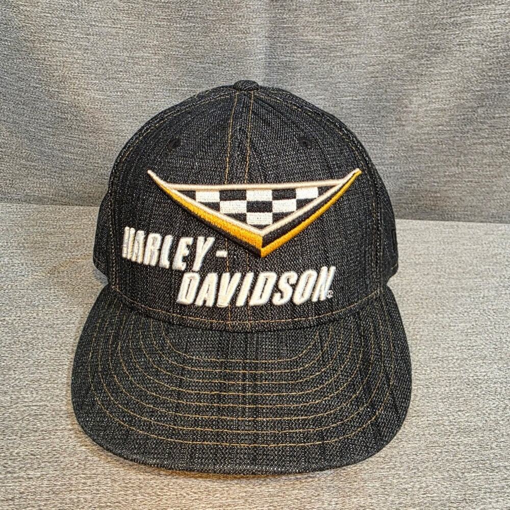 Harley Davidson New Era Black Denim Jean Fit Baseball Hat Sz 7 1/4 Orange